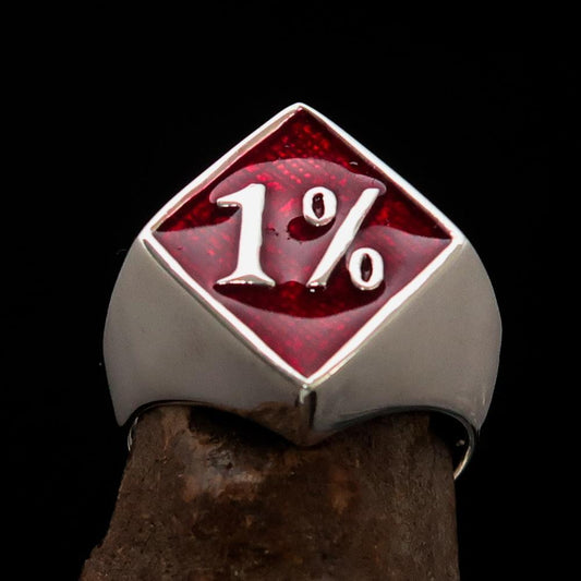 Men's Sterling Silver Biker Ring Diamond shaped 1% Percent Outlaw Symbol Red - BikeRing4u