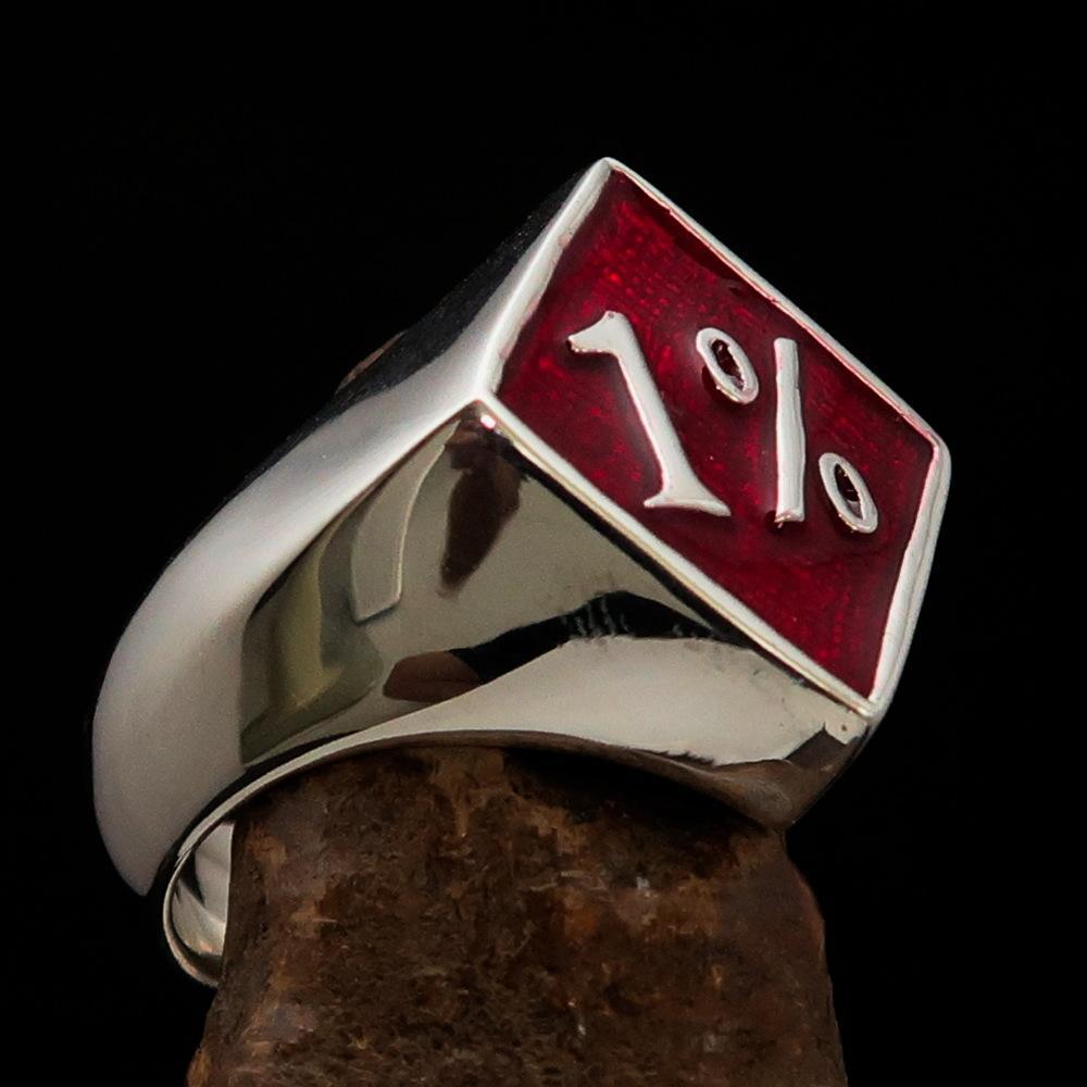 Men's Sterling Silver Biker Ring Diamond shaped 1% Percent Outlaw Symbol Red - BikeRing4u