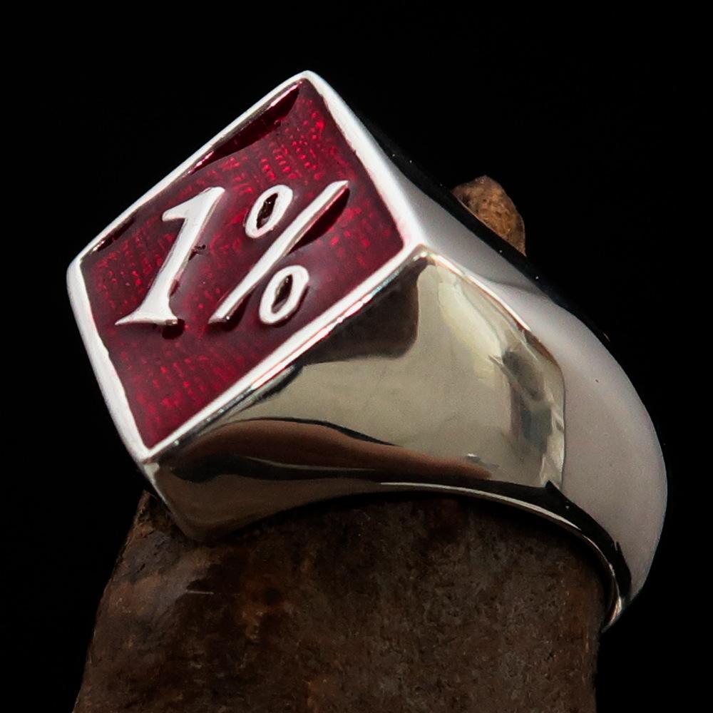 Men's Sterling Silver Biker Ring Diamond shaped 1% Percent Outlaw Symbol Red - BikeRing4u