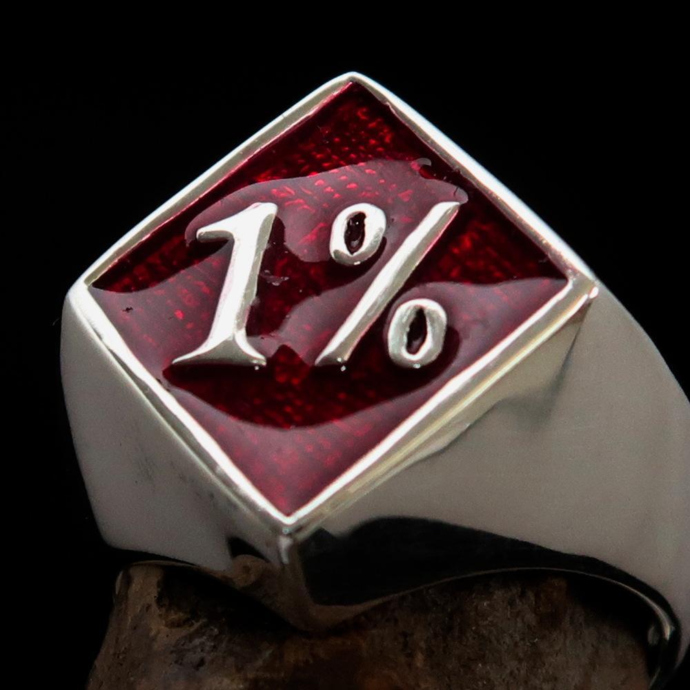 Men's Sterling Silver Biker Ring Diamond shaped 1% Percent Outlaw Symbol Red - BikeRing4u
