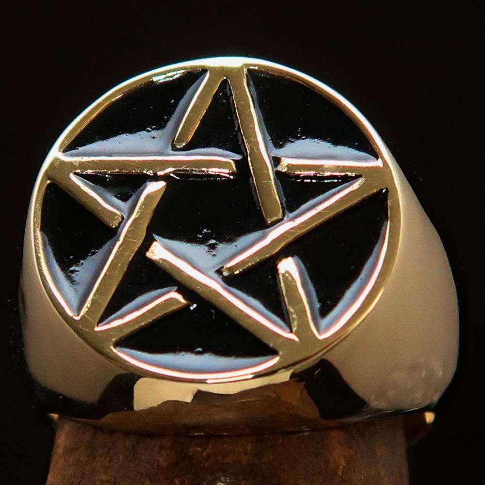 Excellent crafted Men's Pinky Ring Black Pentagram - Solid Brass - BikeRing4u