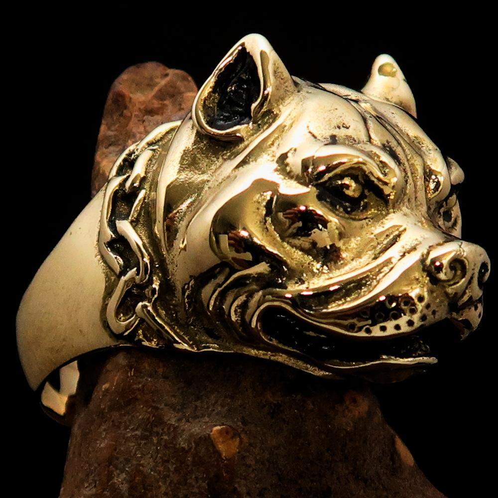 Excellent crafted Men's Brass Animal Ring Pitbull in Chains - BikeRing4u