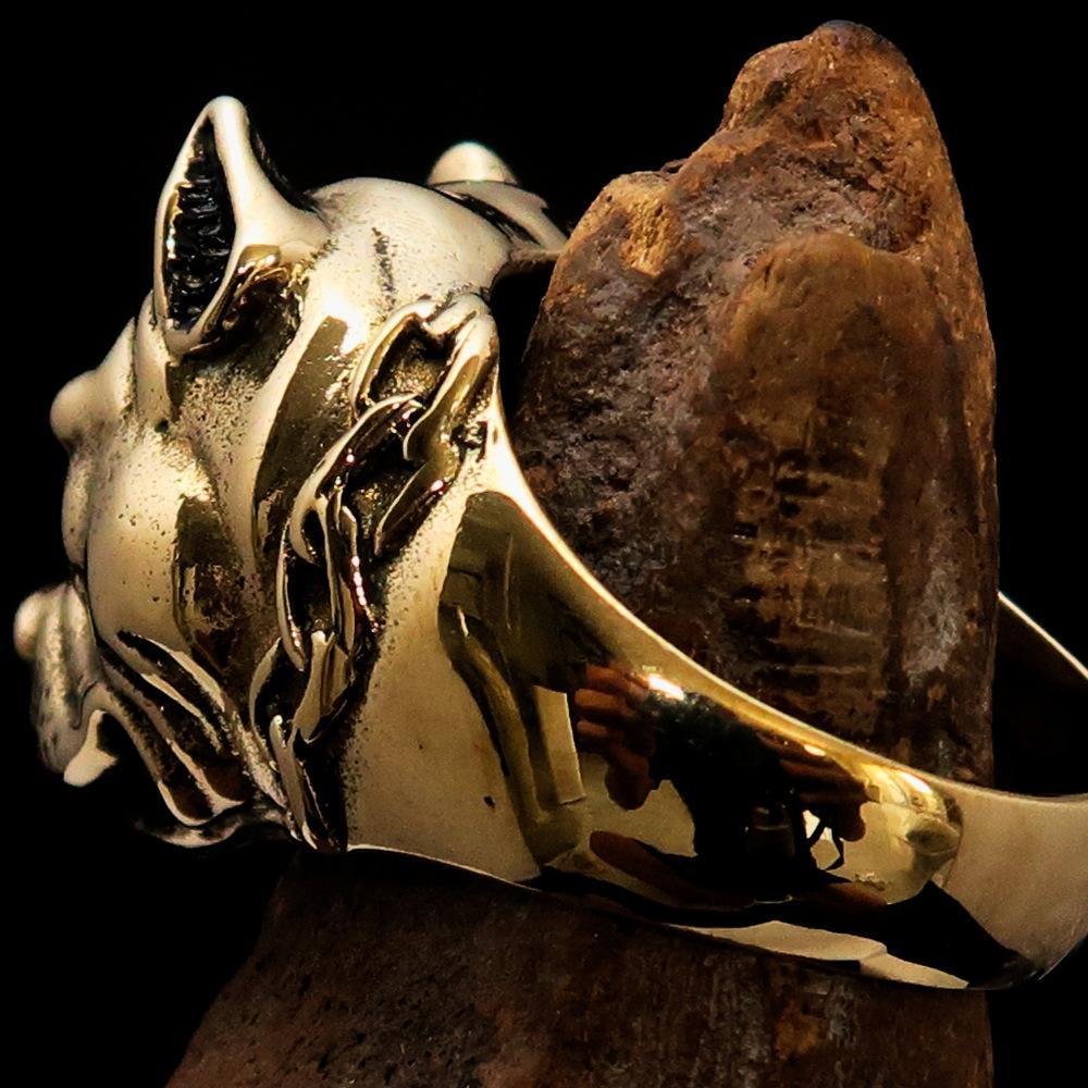 Excellent crafted Men's Brass Animal Ring Pitbull in Chains - BikeRing4u