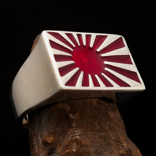 Perfectly crafted Men's Japanese War Flag Ring Raising Sun - Sterling Silver - BikeRing4u