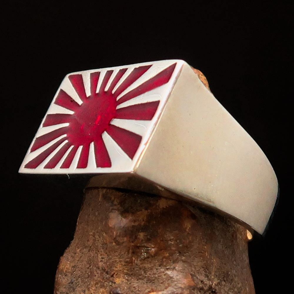 Perfectly crafted Men's Japanese War Flag Ring Raising Sun - Sterling Silver - BikeRing4u