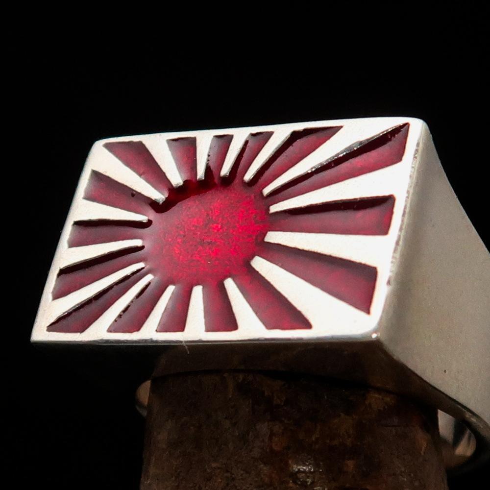 Perfectly crafted Men's Japanese War Flag Ring Raising Sun - Sterling Silver - BikeRing4u