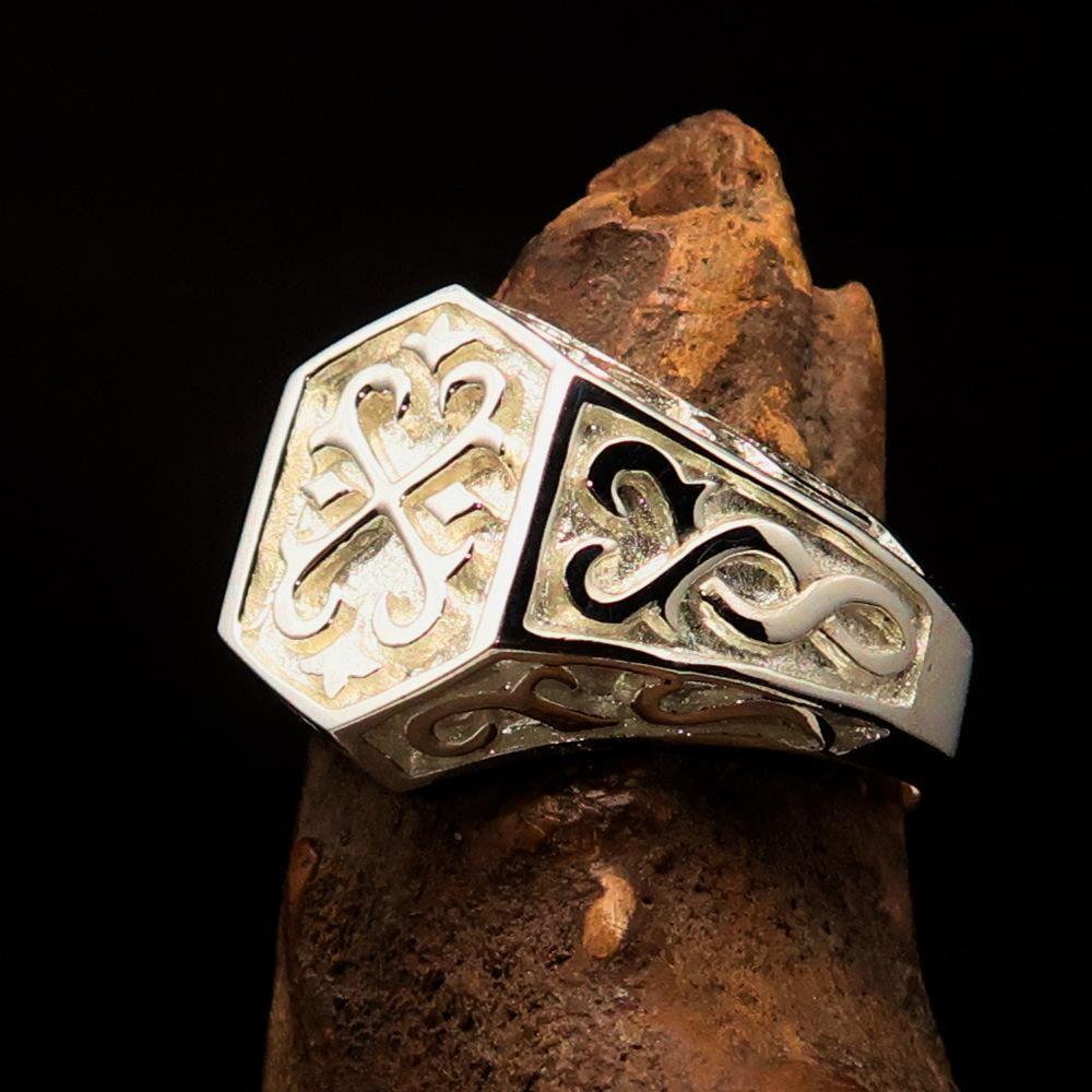 Excellent crafted Men's Signet Ring shiny Oriental Cross - Sterling Silver - BikeRing4u
