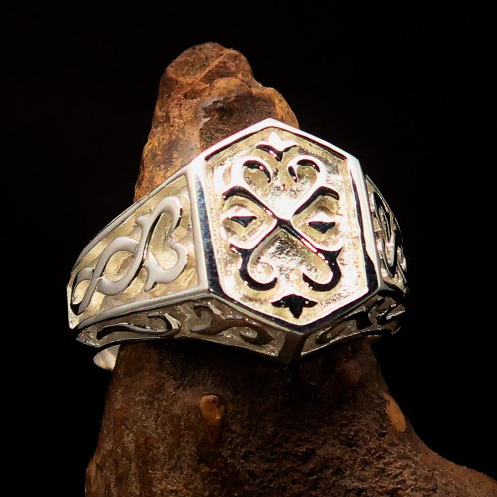 Excellent crafted Men's Signet Ring shiny Oriental Cross - Sterling Silver - BikeRing4u