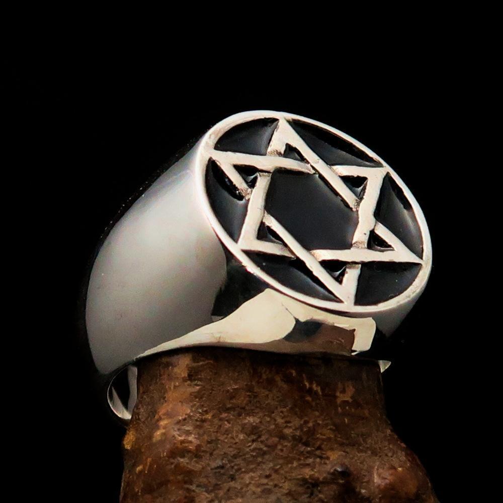 Excellent crafted Men's Pinky Ring Black Black Star of David - Sterling Silver - BikeRing4u