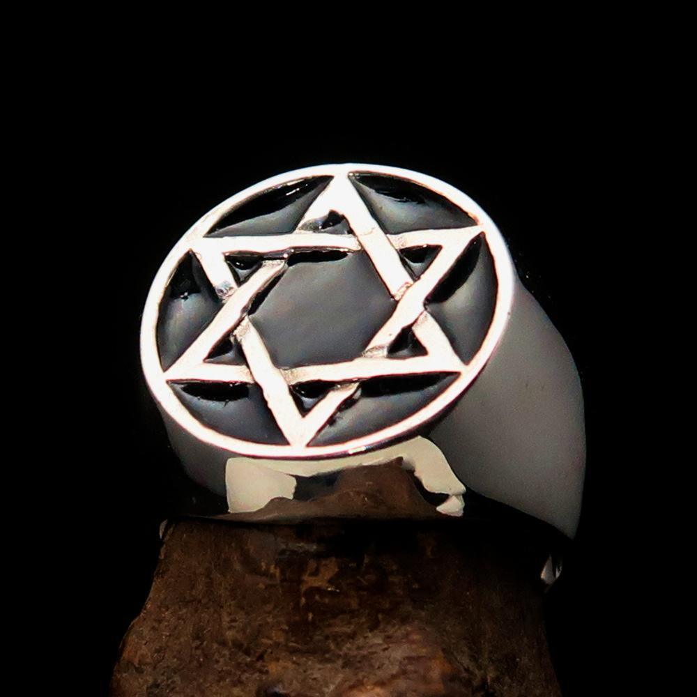 Excellent crafted Men's Pinky Ring Black Black Star of David - Sterling Silver - BikeRing4u