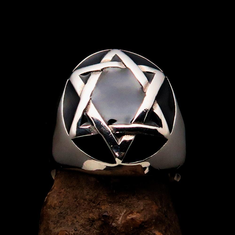 Excellent crafted Men's Hebrew Ring oval Black Star of David - Sterling Silver - BikeRing4u