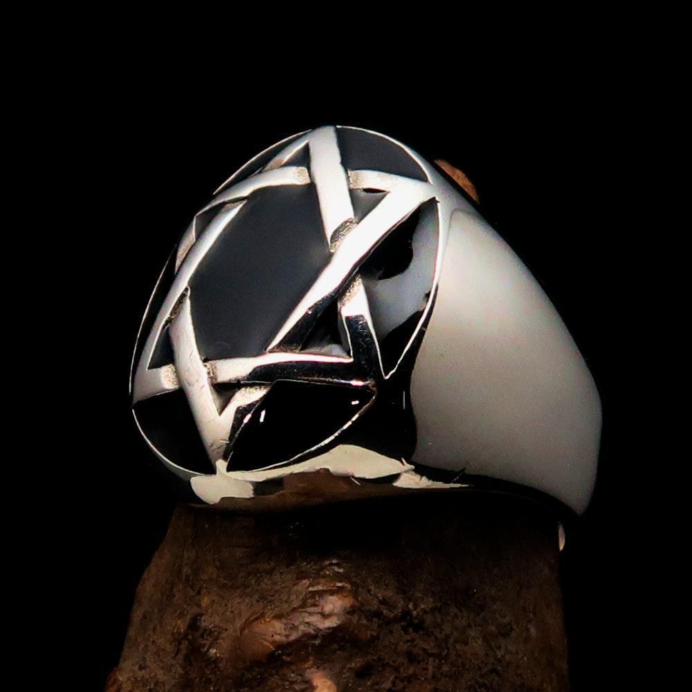 Excellent crafted Men's Hebrew Ring oval Black Star of David - Sterling Silver - BikeRing4u