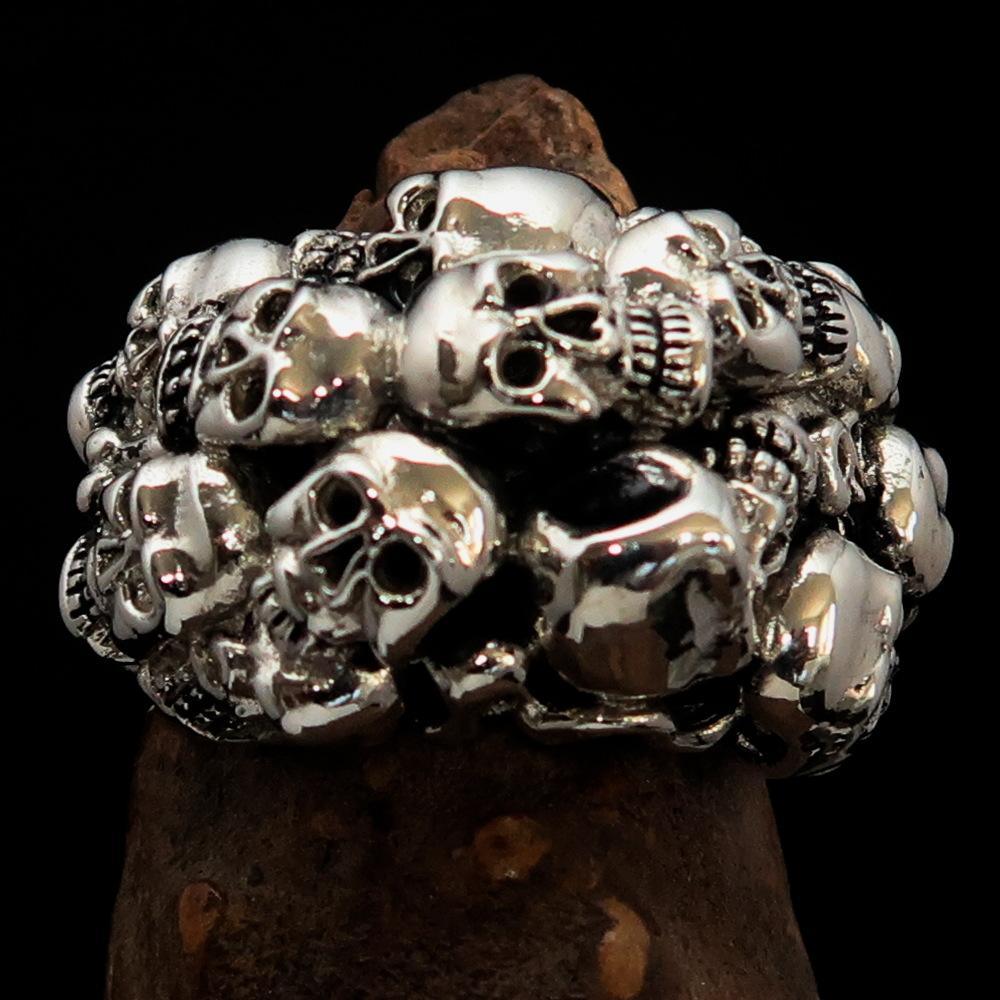 Men's Sterling Silver Biker Ring 13 Skulls Graveyard Party - BikeRing4u