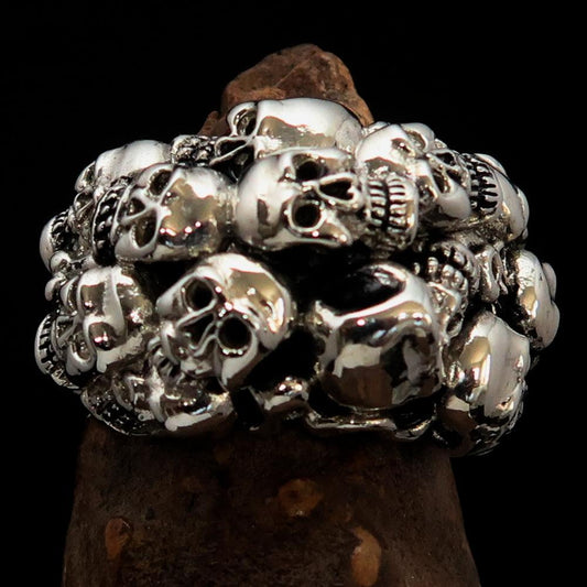 Men's Sterling Silver Biker Ring 13 Skulls Graveyard Party - BikeRing4u