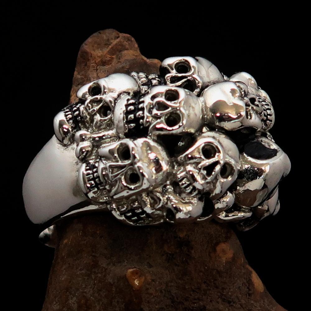 Men's Sterling Silver Biker Ring 13 Skulls Graveyard Party - BikeRing4u
