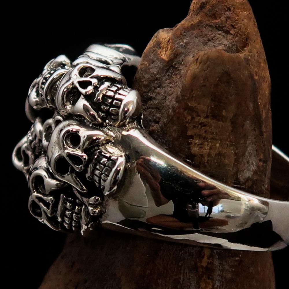 Men's Sterling Silver Biker Ring 13 Skulls Graveyard Party - BikeRing4u