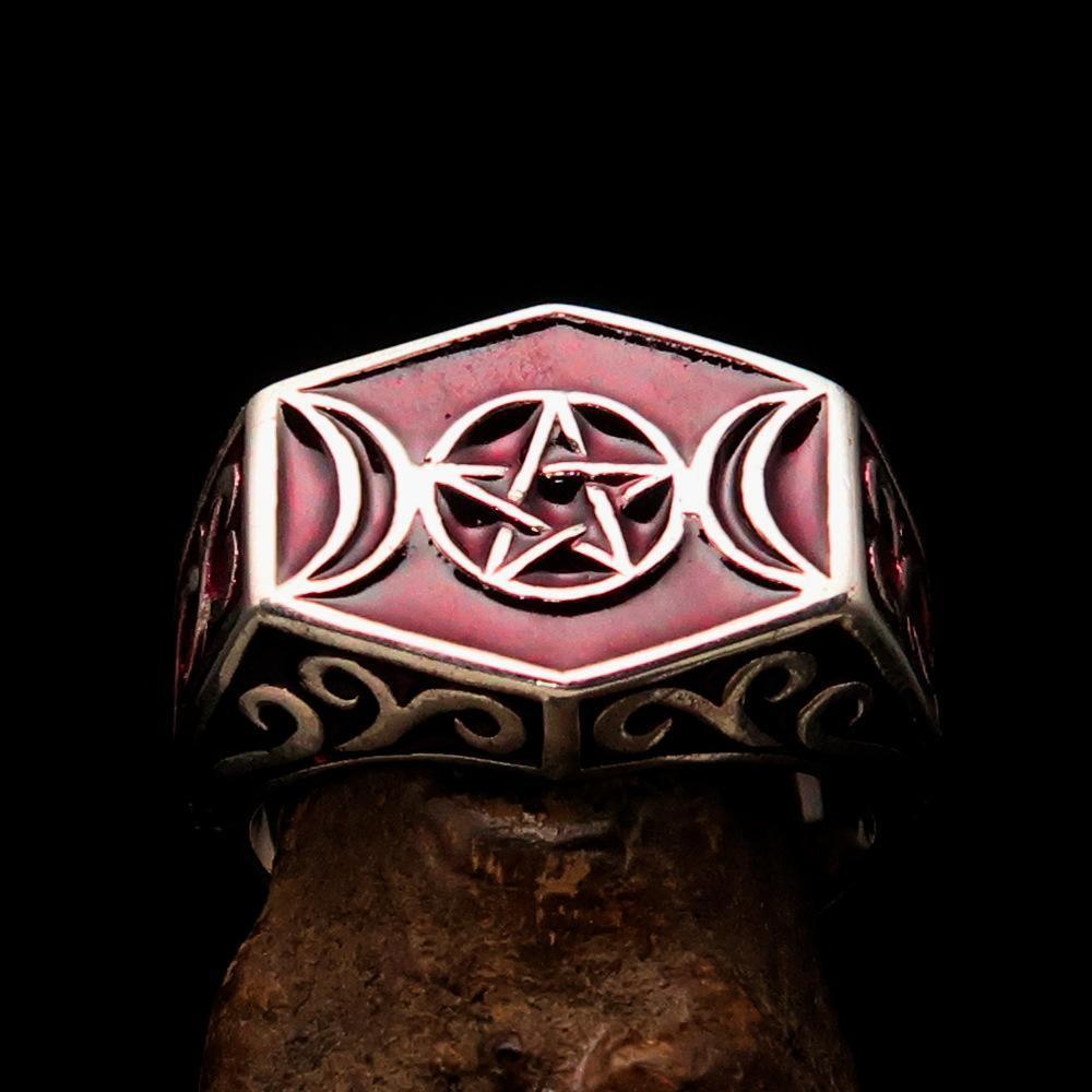 Men's Sterling Silver Ring Red Crescent Moon Pentagram Star - BikeRing4u