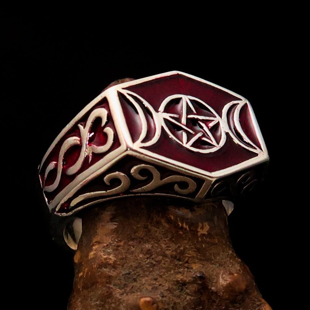 Men's Sterling Silver Ring Red Crescent Moon Pentagram Star - BikeRing4u