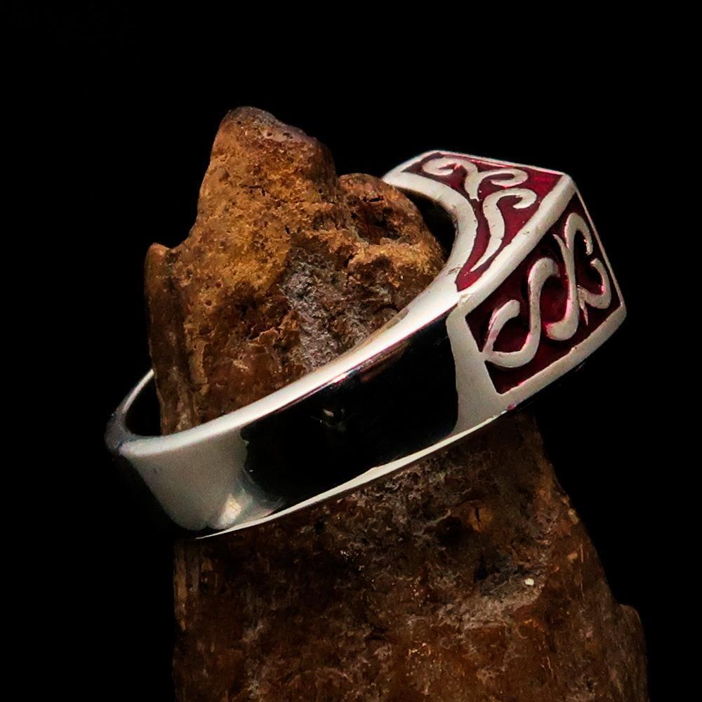 Men's Sterling Silver Ring Red Crescent Moon Pentagram Star - BikeRing4u