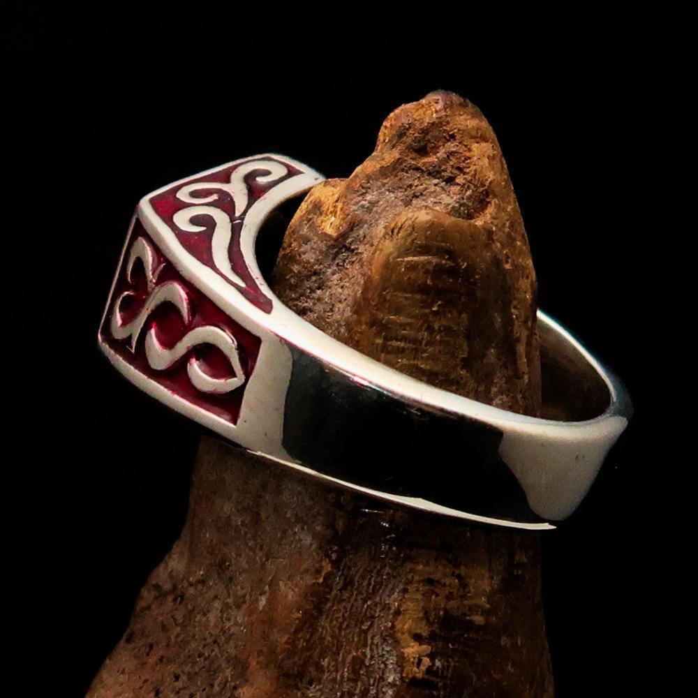 Men's Sterling Silver Ring Red Crescent Moon Pentagram Star - BikeRing4u