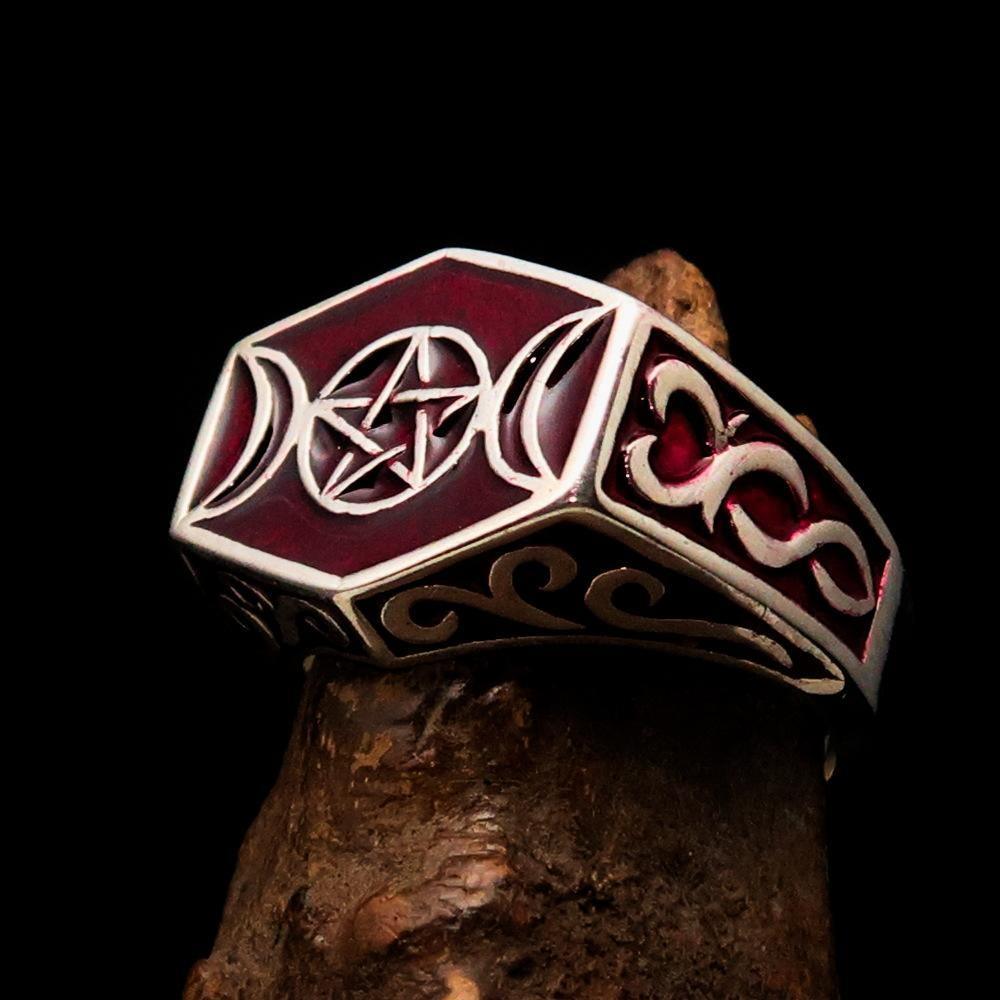Men's Sterling Silver Ring Red Crescent Moon Pentagram Star - BikeRing4u