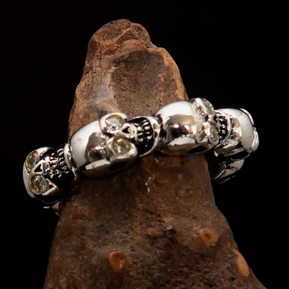 Men's Sterling Silver Band Ring 6 small Skulls with white CZ Eyes - BikeRing4u