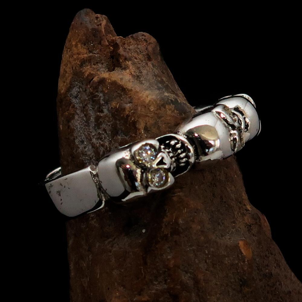 Men's Sterling Silver Band Ring 6 small Skulls with white CZ Eyes - BikeRing4u