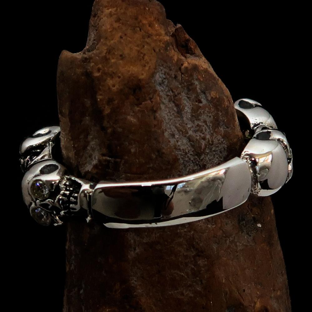 Men's Sterling Silver Band Ring 6 small Skulls with white CZ Eyes - BikeRing4u