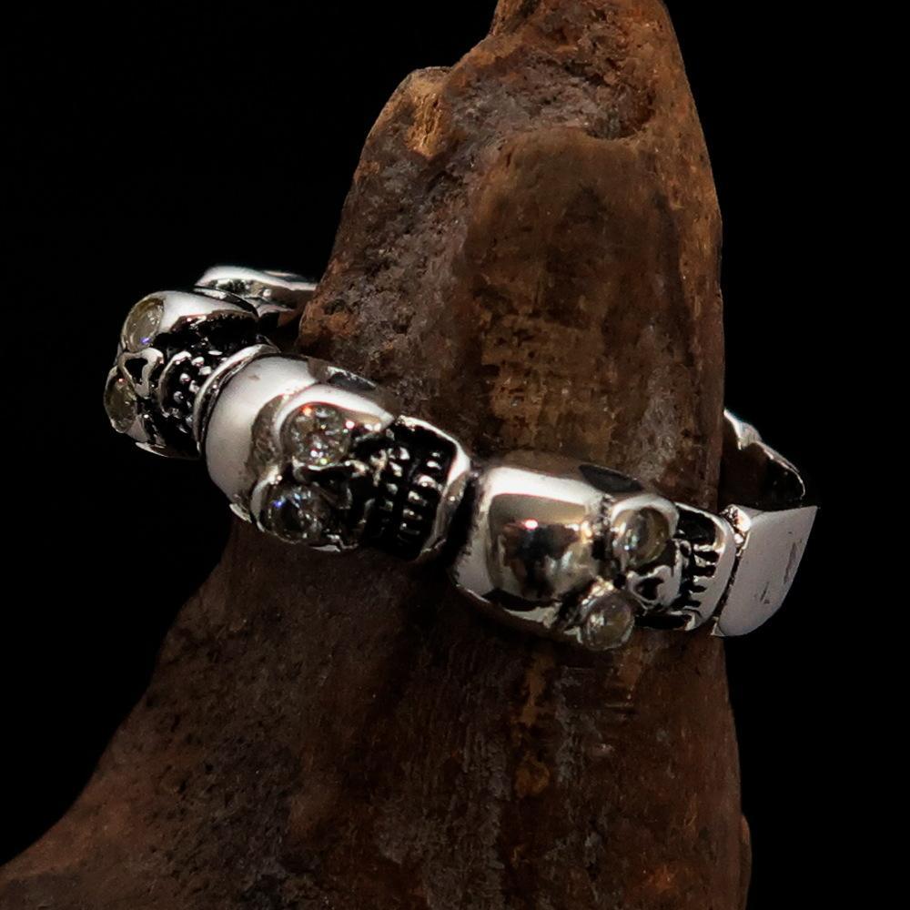 Men's Sterling Silver Band Ring 6 small Skulls with white CZ Eyes - BikeRing4u