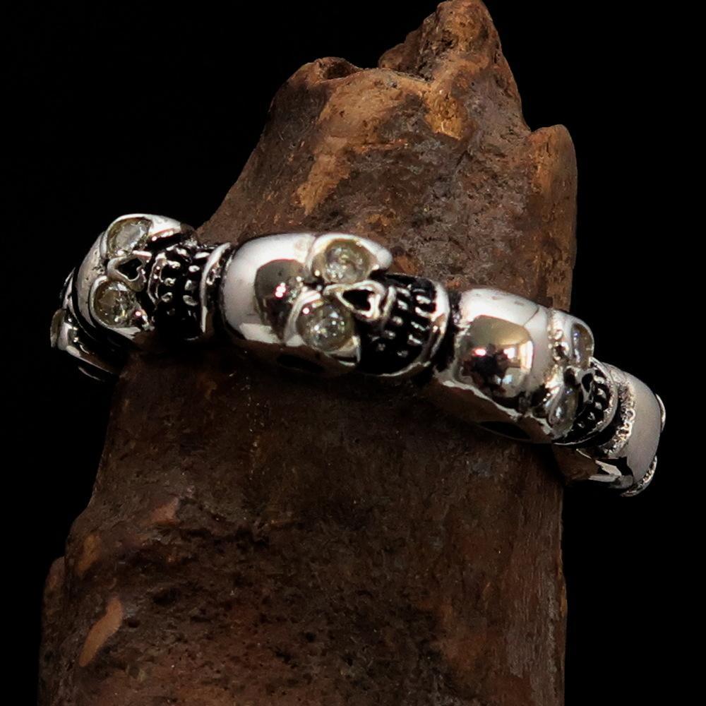 Men's Sterling Silver Band Ring 6 small Skulls with white CZ Eyes - BikeRing4u