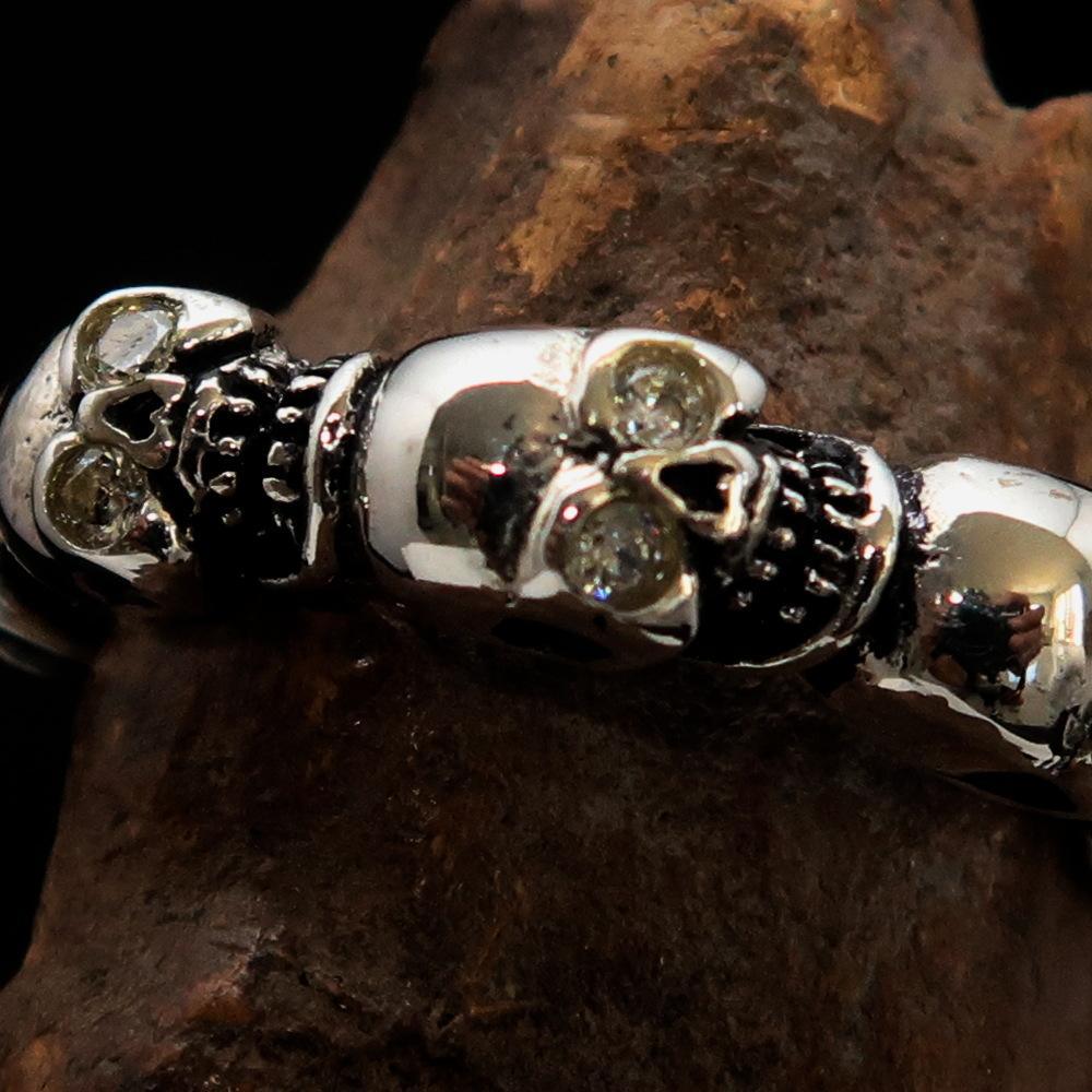 Men's Sterling Silver Band Ring 6 small Skulls with white CZ Eyes - BikeRing4u