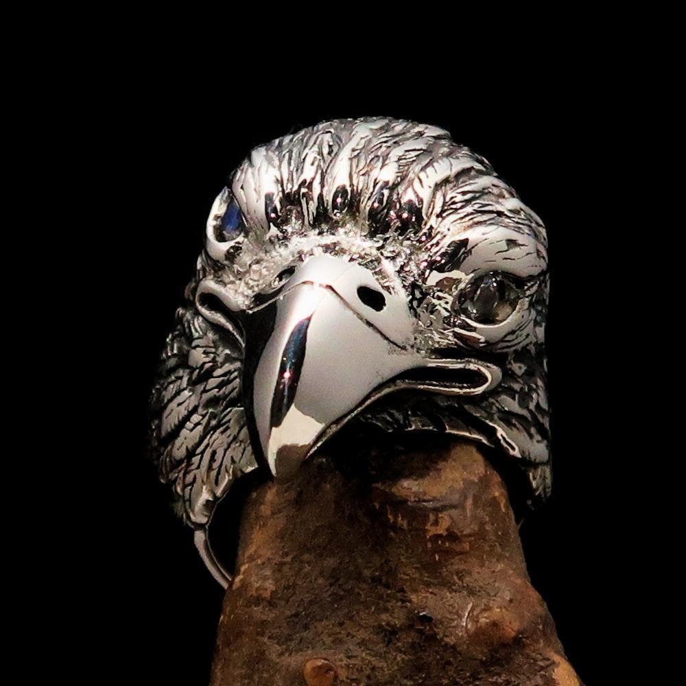 Excellent crafted Men's Biker Ring Eagle Head white CZ - Sterling Silver - BikeRing4u
