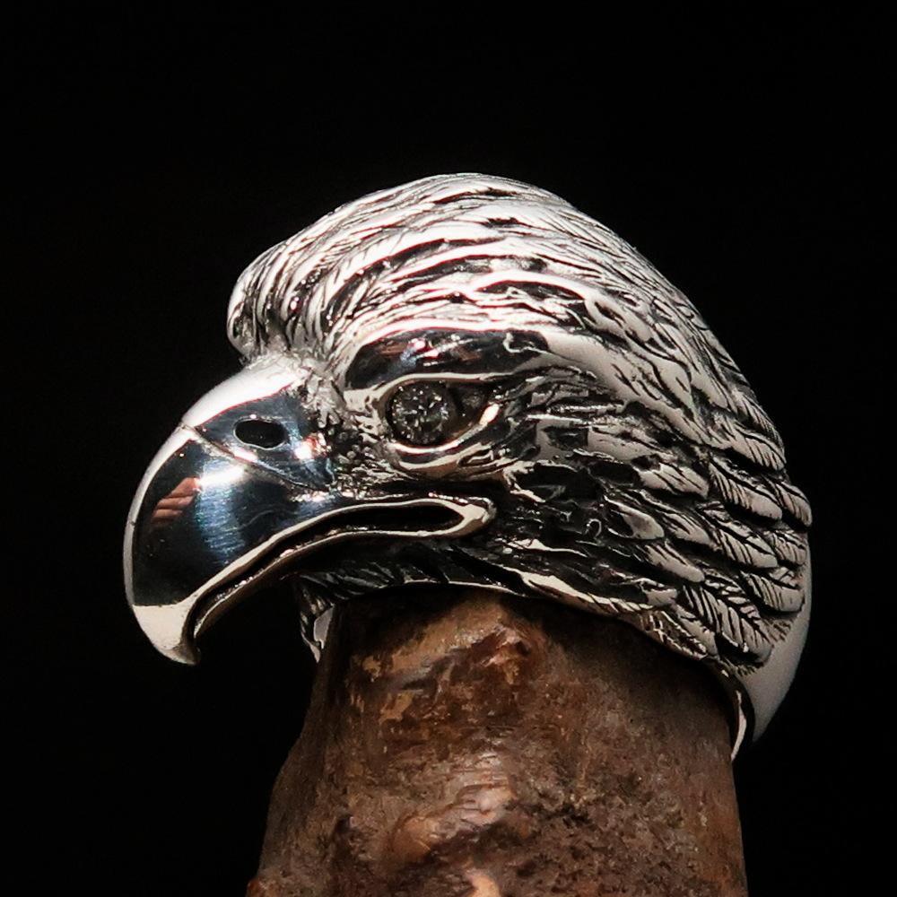 Excellent crafted Men's Biker Ring Eagle Head white CZ - Sterling Silver - BikeRing4u
