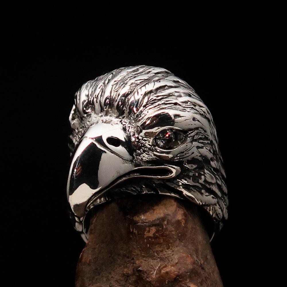 Excellent crafted Men's Biker Ring Eagle Head white CZ - Sterling Silver - BikeRing4u