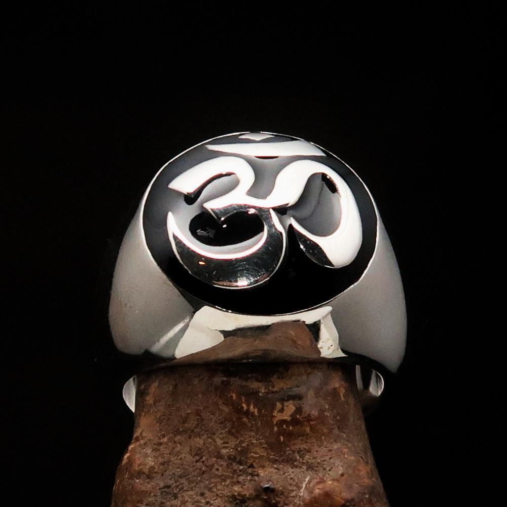 Nicely crafted domed Men's Buddhist Ring Black Aum Symbol - Sterling Silver - BikeRing4u