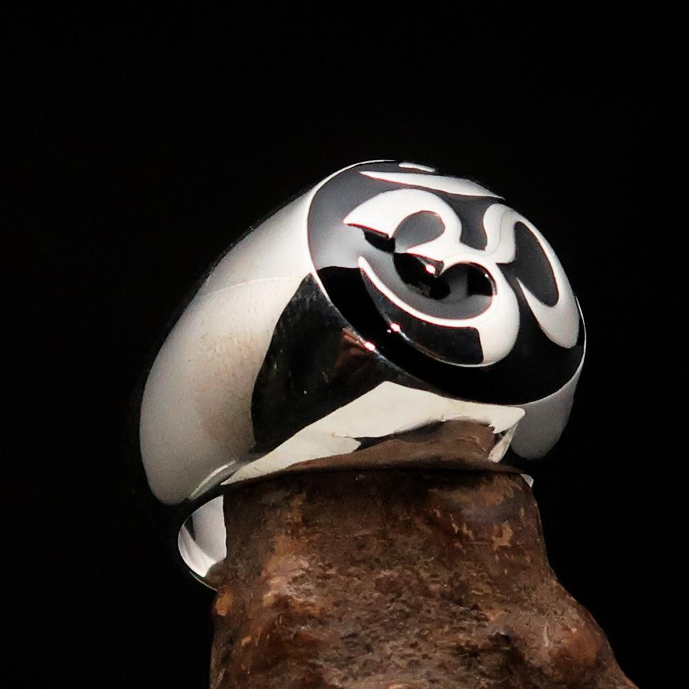 Nicely crafted domed Men's Buddhist Ring Black Aum Symbol - Sterling Silver - BikeRing4u