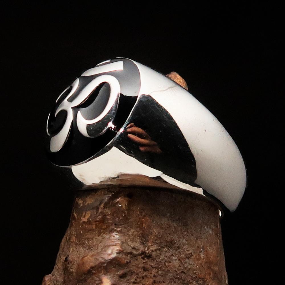 Nicely crafted domed Men's Buddhist Ring Black Aum Symbol - Sterling Silver - BikeRing4u
