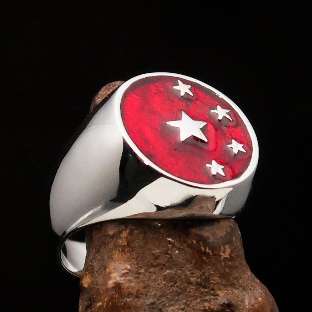 Perfectly crafted Men's Chinese Flag Ring Red - Sterling Silver - BikeRing4u