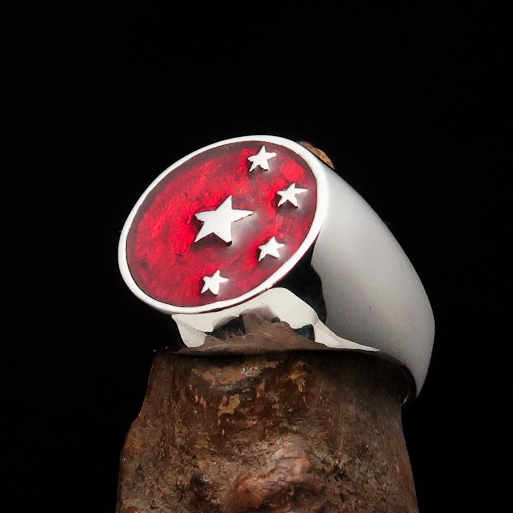 Perfectly crafted Men's Chinese Flag Ring Red - Sterling Silver - BikeRing4u