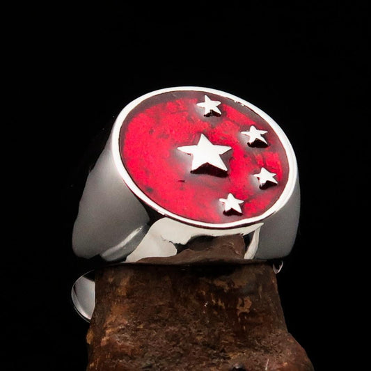 Perfectly crafted Men's Chinese Flag Ring Red - Sterling Silver - BikeRing4u