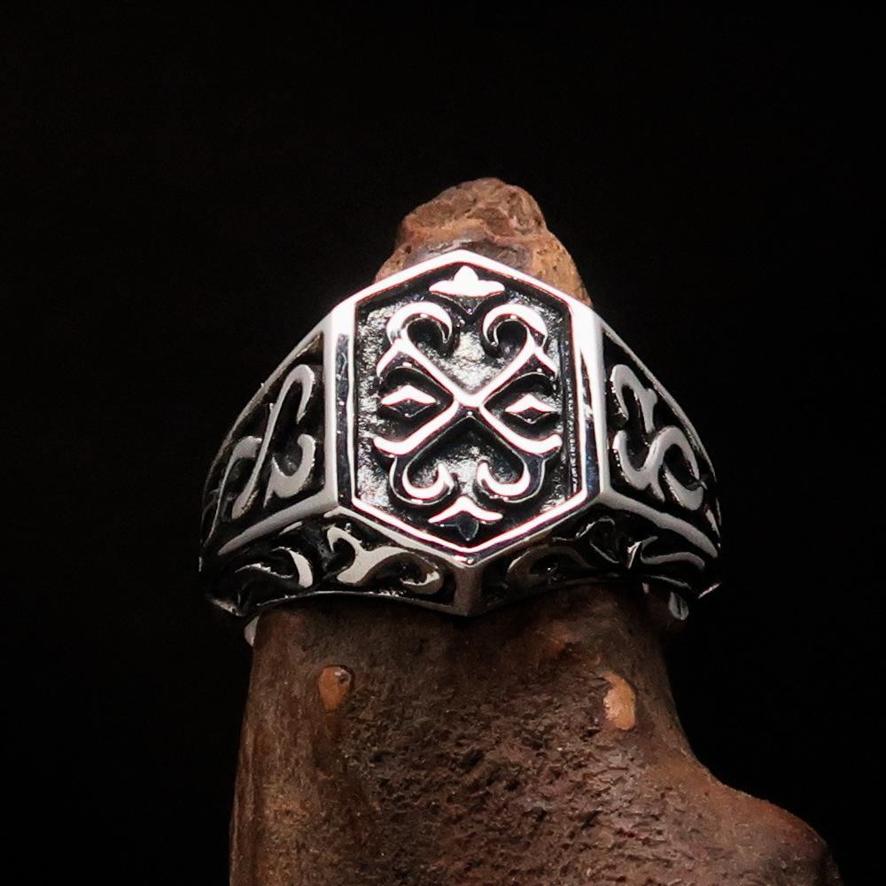 Excellent crafted Men's Signet Ring Oriental Cross Sterling Silver 925 - BikeRing4u