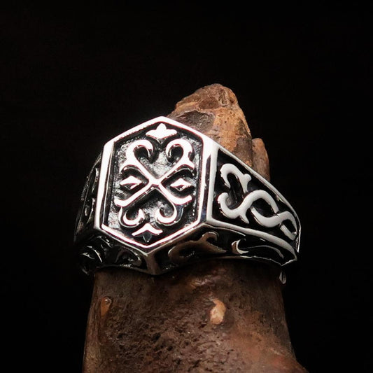 Excellent crafted Men's Signet Ring Oriental Cross Sterling Silver 925 - BikeRing4u