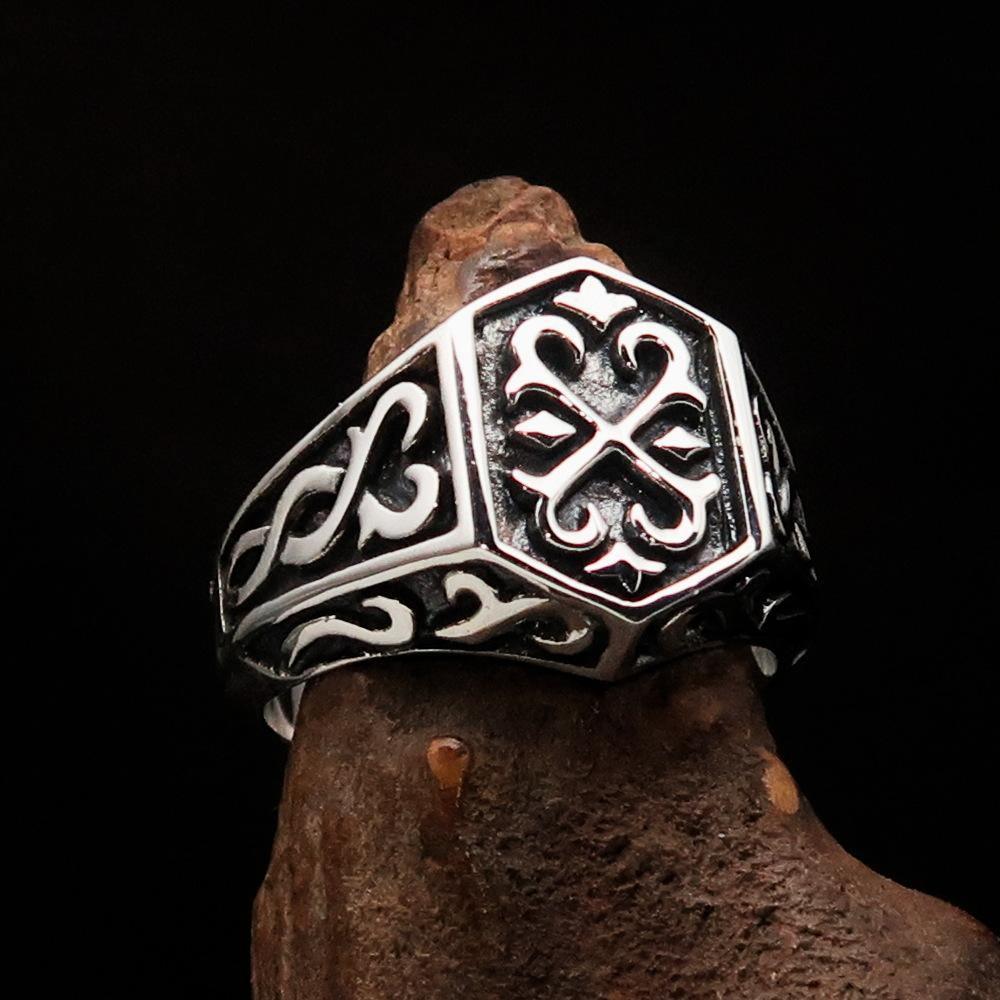 Excellent crafted Men's Signet Ring Oriental Cross Sterling Silver 925 - BikeRing4u