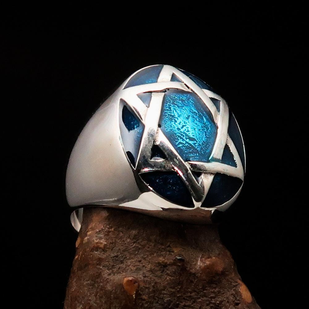 Excellent crafted Men's Hebrew Ring oval Blue Star of David - Sterling Silver - BikeRing4u