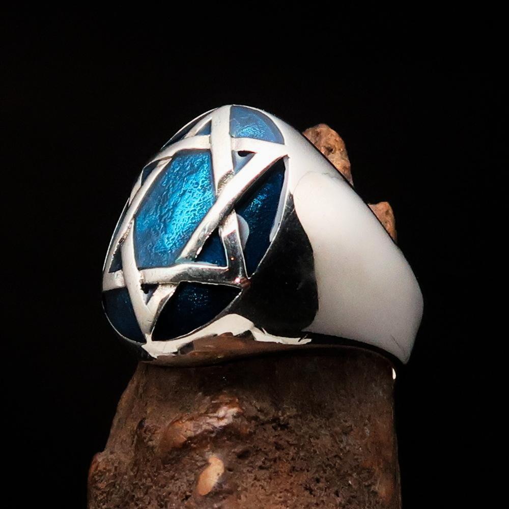 Excellent crafted Men's Hebrew Ring oval Blue Star of David - Sterling Silver - BikeRing4u