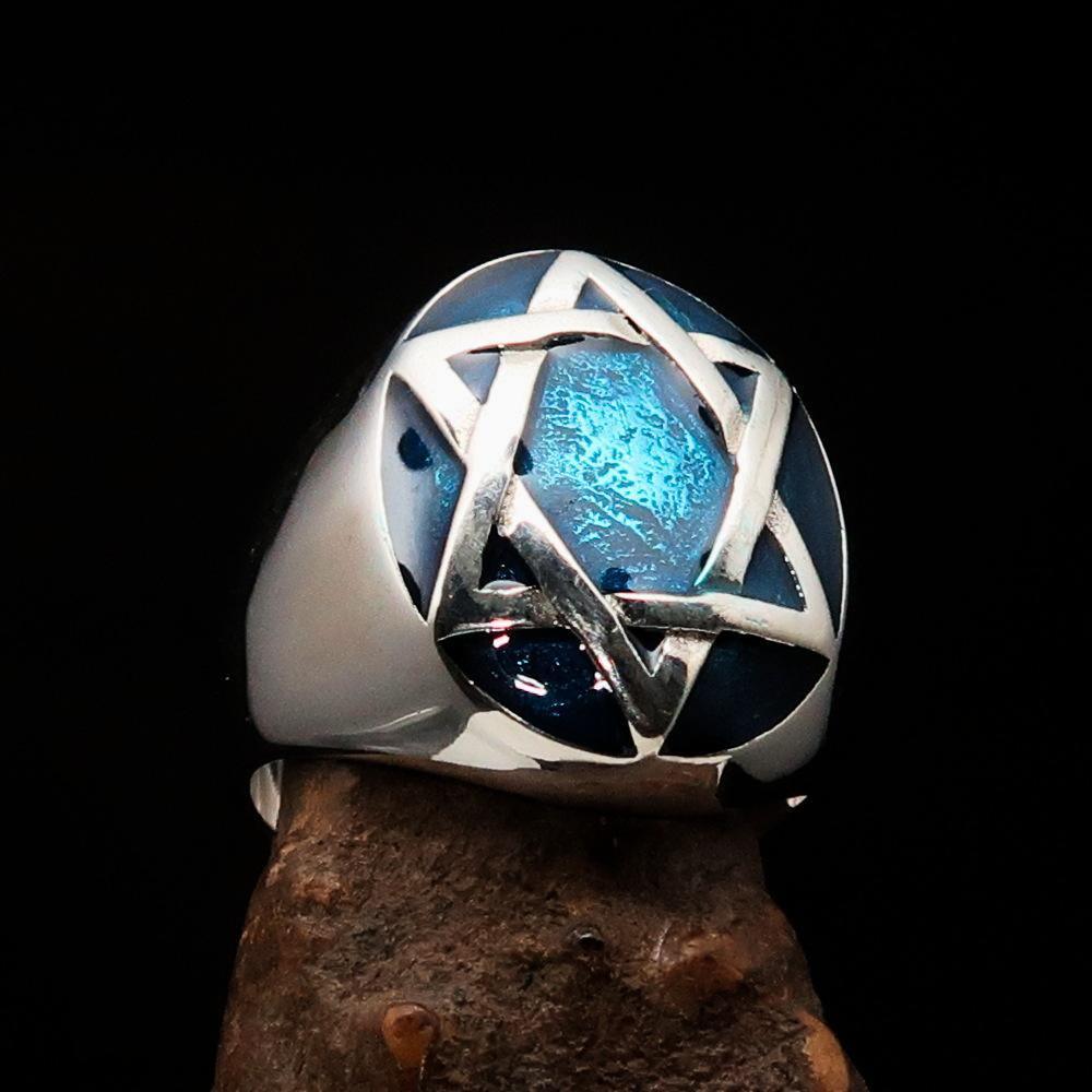Excellent crafted Men's Hebrew Ring oval Blue Star of David - Sterling Silver - BikeRing4u