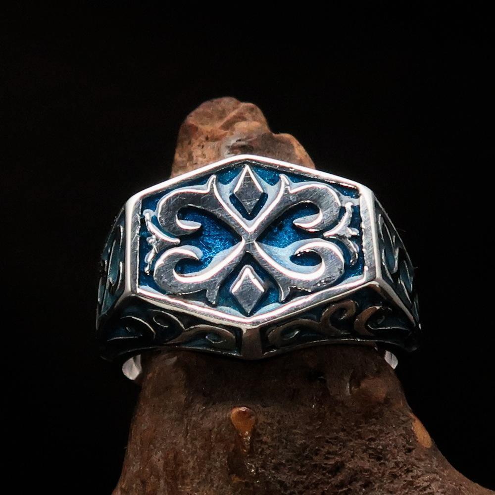 Excellent crafted Men's Medieval Ring Blue Oriental Crest Sterling Silver 925 - BikeRing4u