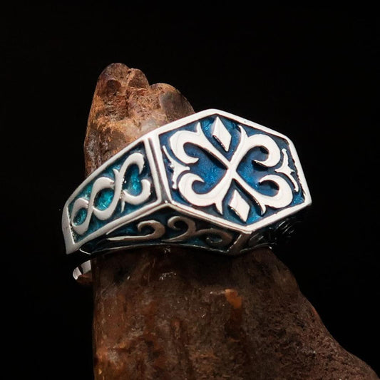 Excellent crafted Men's Medieval Ring Blue Oriental Crest Sterling Silver 925 - BikeRing4u