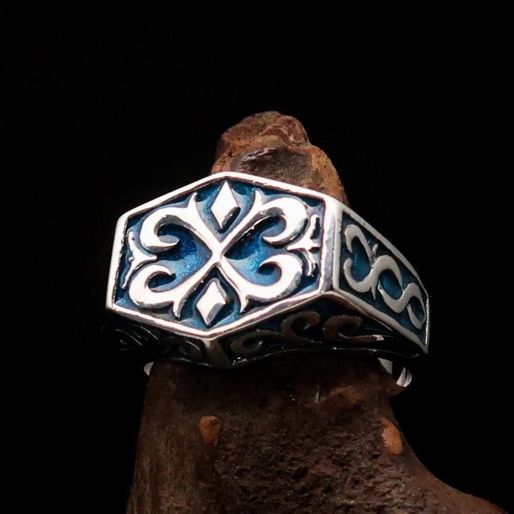 Excellent crafted Men's Medieval Ring Blue Oriental Crest Sterling Silver 925 - BikeRing4u