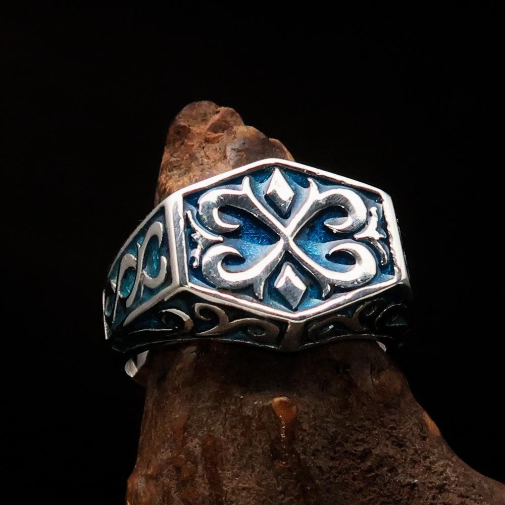 Excellent crafted Men's Medieval Ring Blue Oriental Crest Sterling Silver 925 - BikeRing4u
